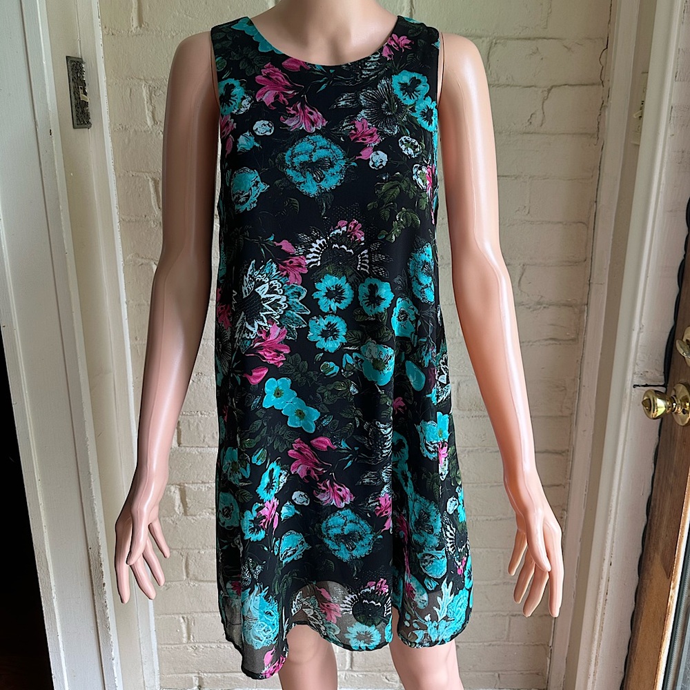 Kensie size small black teal and pink tropical floral summer dress